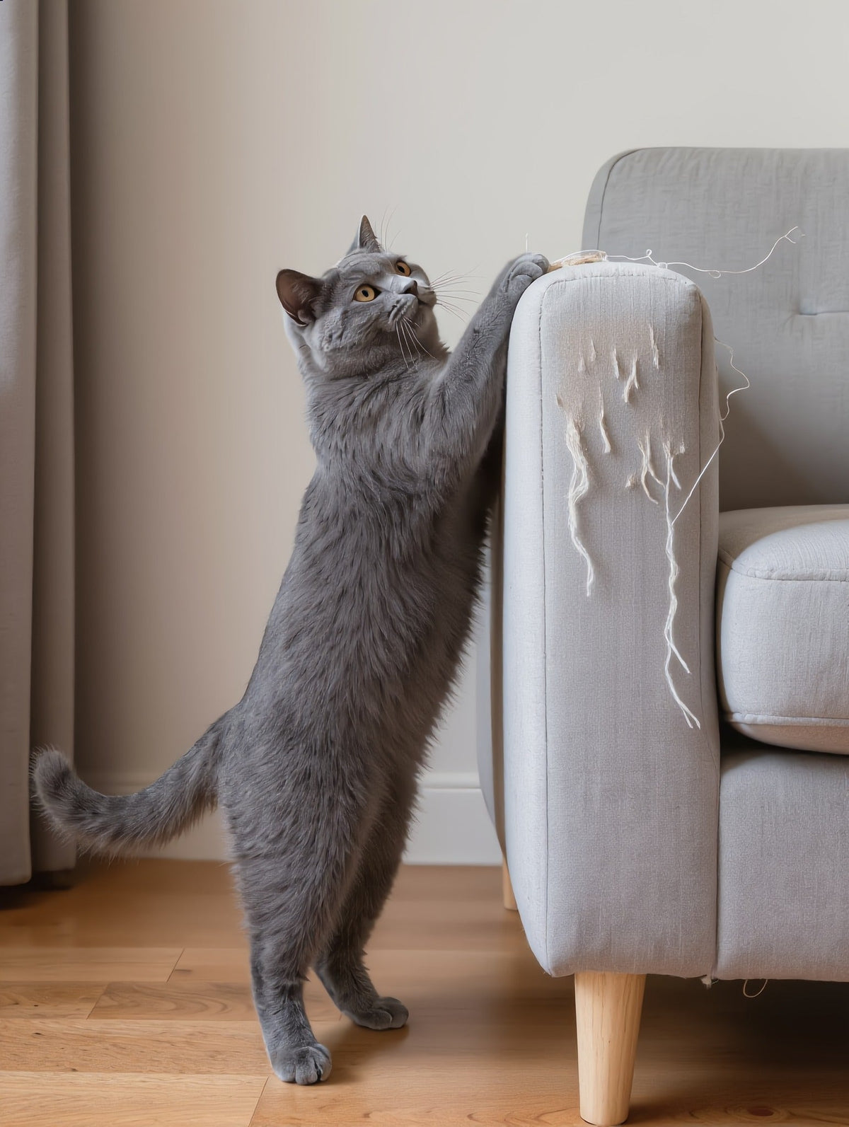Gatto che graffia il bracciolo di un divano in tessuto